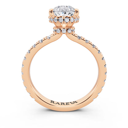 18 KT Rose Gold Pear Cut Diamond Hidden Halo Ring with Pave Band - through finger