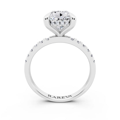 Platinum Pear Cut Diamond Solitaire Ring with Round Pavé Band and Prong Setting - through finger