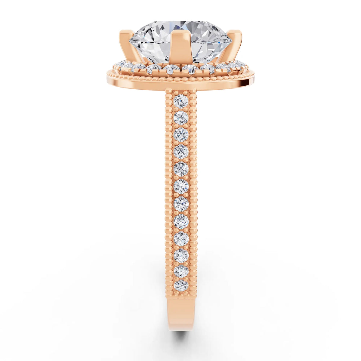 18 KT Rose Gold Round Cut Diamond Vintage Halo Ring with Milgrain Band - Side view