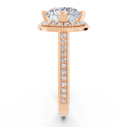 18 KT Rose Gold Round Cut Diamond Vintage Halo Ring with Milgrain Band - Side view