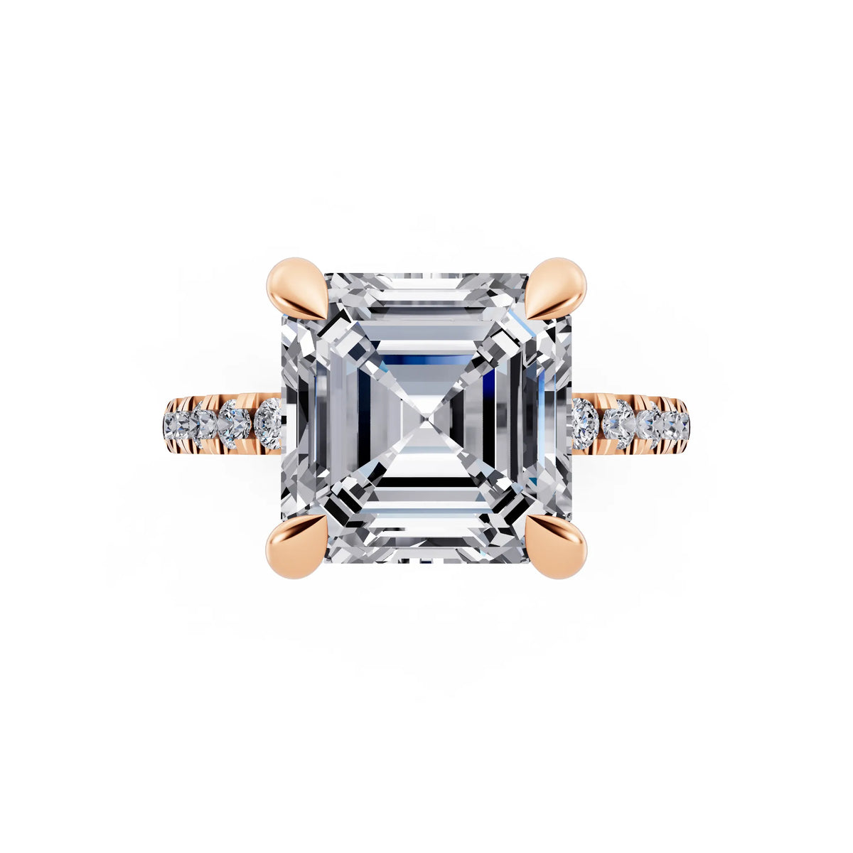 14 KT Rose Gold Asscher Cut Diamond Solitaire Ring with Round Pavé Band and Prong Setting - top angle