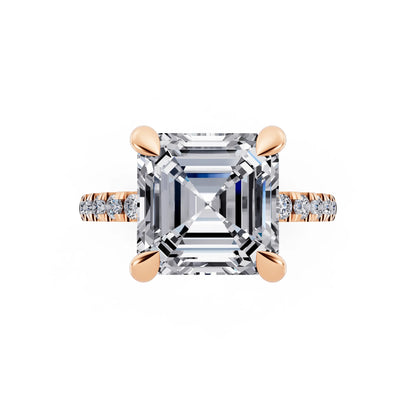 14 KT Rose Gold Asscher Cut Diamond Solitaire Ring with Round Pavé Band and Prong Setting - top angle