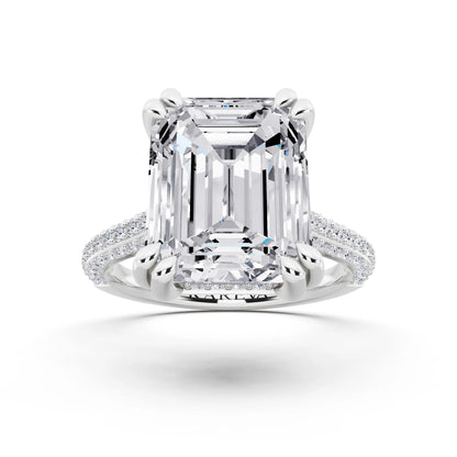 Platinum Emerald Cut Diamond Hidden Halo Double Claw Pave Band Ring - front view