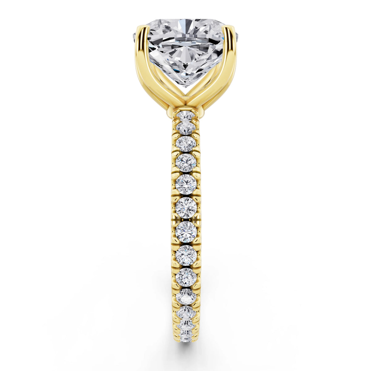18 KT Yellow Gold Cushion Cut Diamond Solitaire Ring with Pave Eternity Band - side view