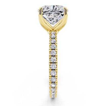 18 KT Yellow Gold Cushion Cut Diamond Solitaire Ring with Pave Eternity Band - side view