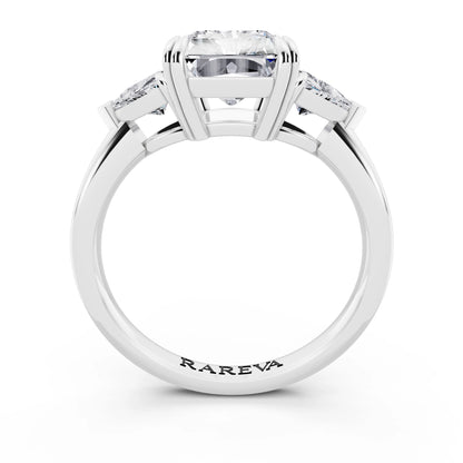 14 KT White Gold Radiant Cut Diamond Three Stone Ring with Trillion Accents - through finger