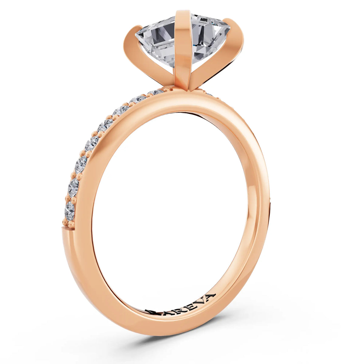 14 KT Rose Gold Emerald Cut Diamond Solitaire Ring with Pave Shank - top view