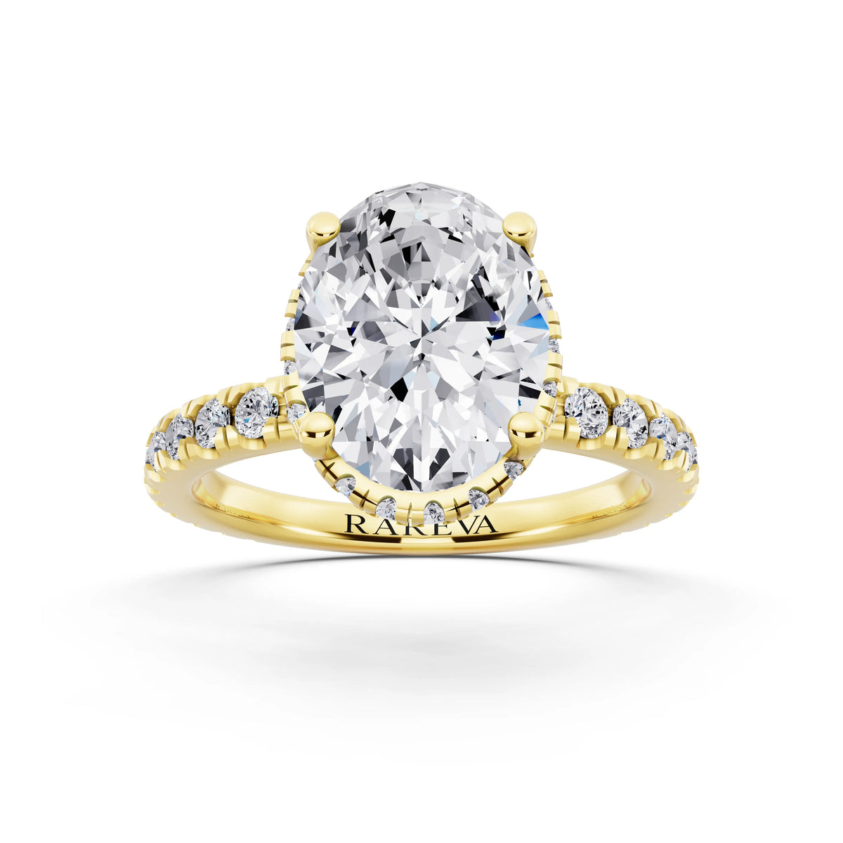 18 KT Yellow Gold Oval Cut Diamond Hidden Halo Ring with Pave Band - front view