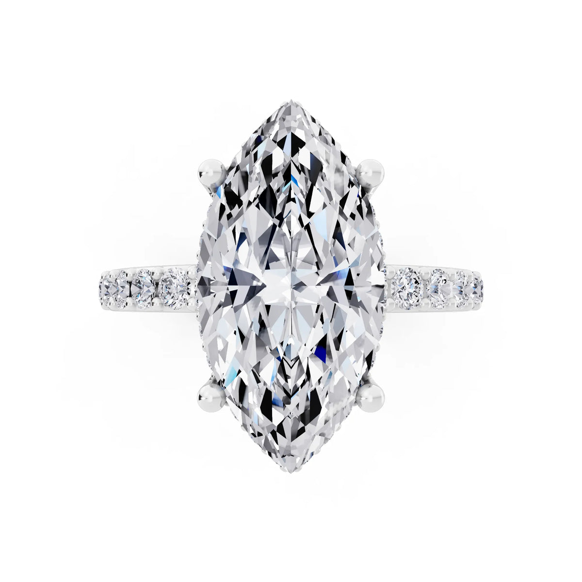 18 KT White Gold Marquise Cut Diamond Solitaire Ring with Hidden Halo and Pave Band - top angle