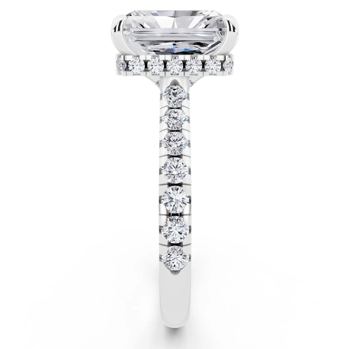 14 KT White Gold Radiant Cut Diamond Ring with Hidden Halo - side view