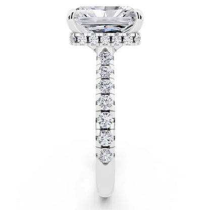 14 KT White Gold Radiant Cut Diamond Ring with Hidden Halo - side view