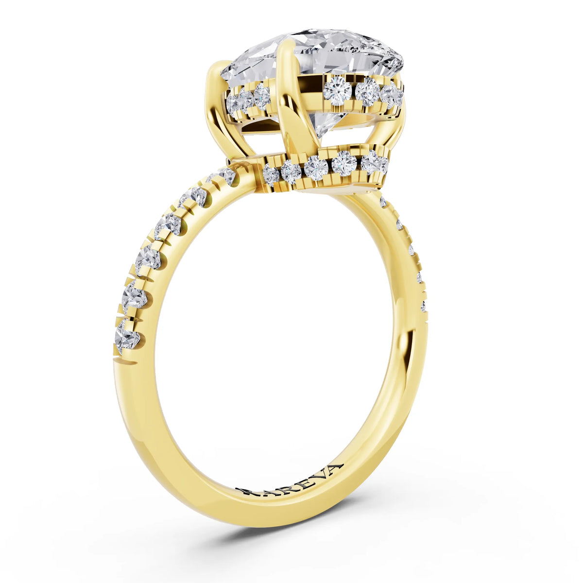 14 KT Yellow Gold Pear Cut Diamond Hidden Halo Tiger Prong Pave Band Ring - top view