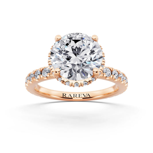 18 KT Rose Gold Round Cut Diamond Hidden Halo Ring with Pave Band - front view