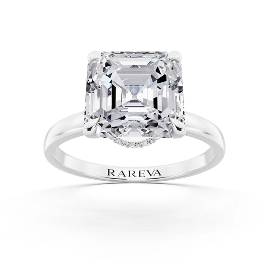 18 KT White Gold Asscher Cut Diamond Solitaire Ring with Pave Collar - front view