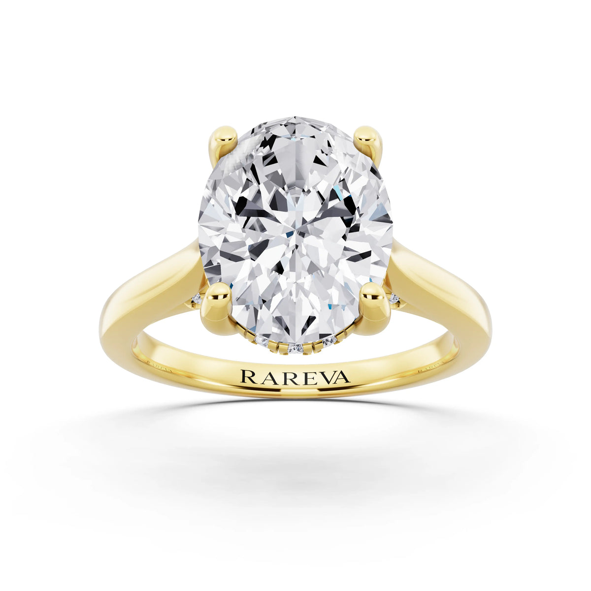 18 KT Yellow Gold Oval Cut Diamond Solitaire Ring with Cathedral Band - front view