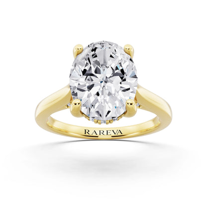 18 KT Yellow Gold Oval Cut Diamond Solitaire Ring with Cathedral Band - front view