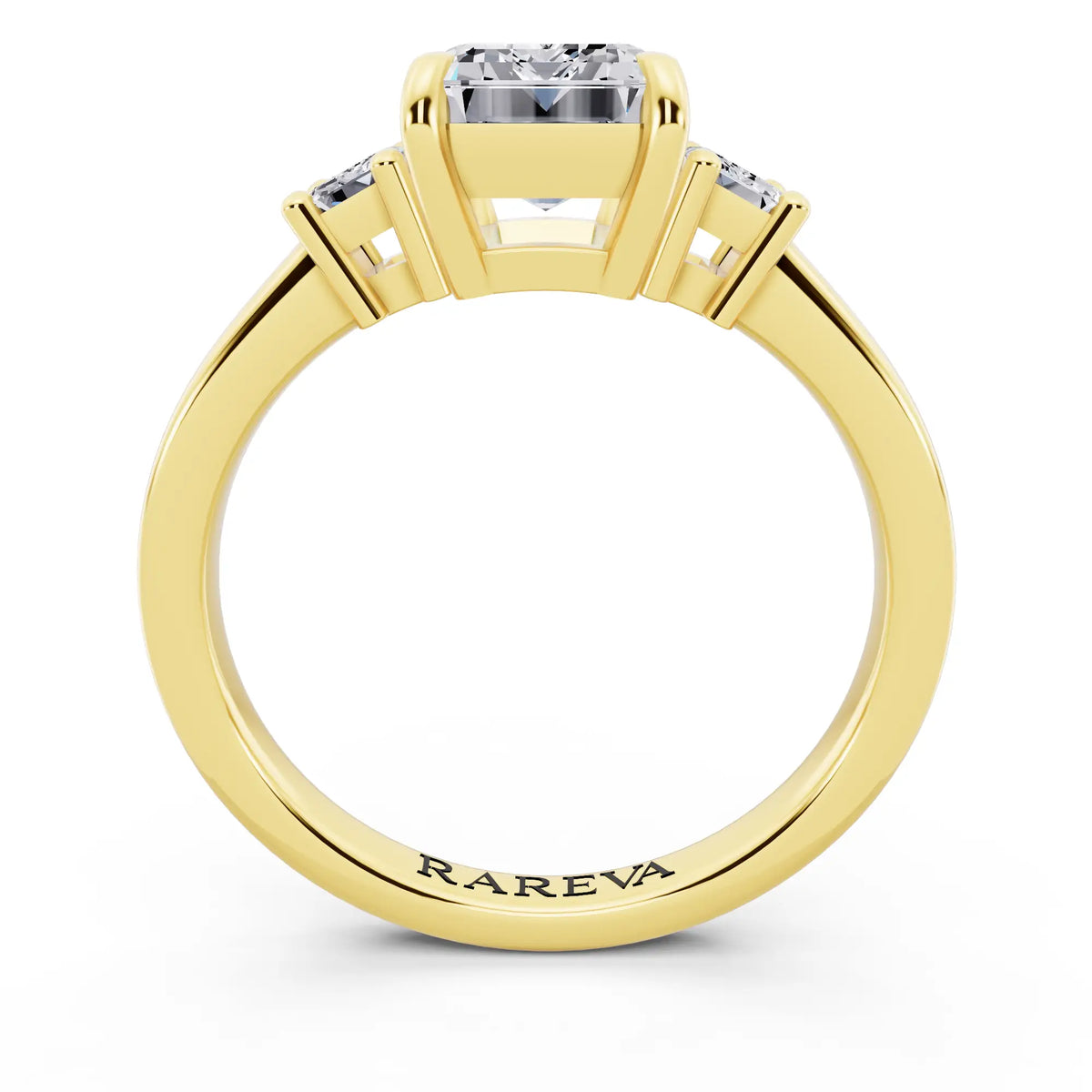 14 KT Yellow Gold Emerald Cut Diamond Three Stone Emerald Accent Ring - through finger