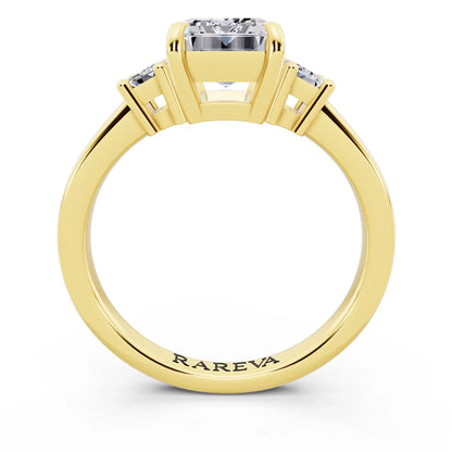 14 KT Yellow Gold Emerald Cut Diamond Three Stone Emerald Accent Ring - through finger
