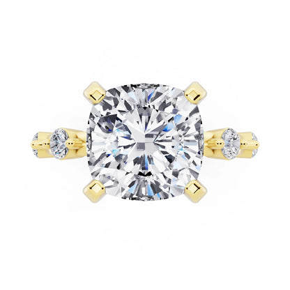 14 KT Yellow Gold Cushion Cut Diamond Solitaire Ring with Floating Diamond Accents - top angle