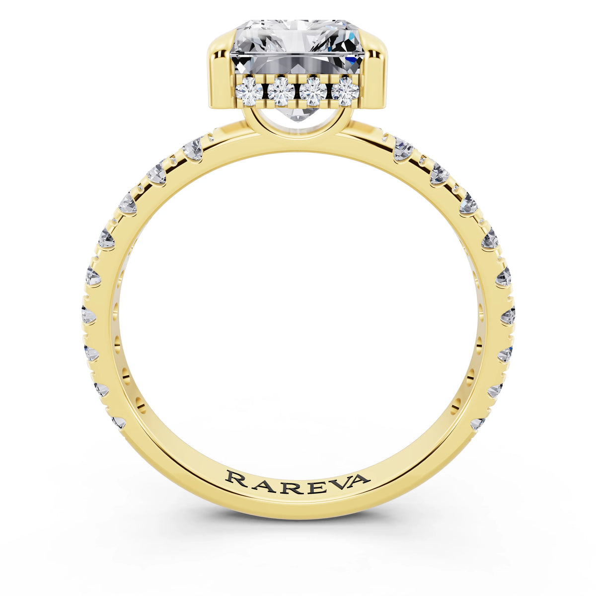 14 KT Yellow Gold Radiant Cut Diamond Solitaire Ring with Hidden Halo and French Pave Band - through finger