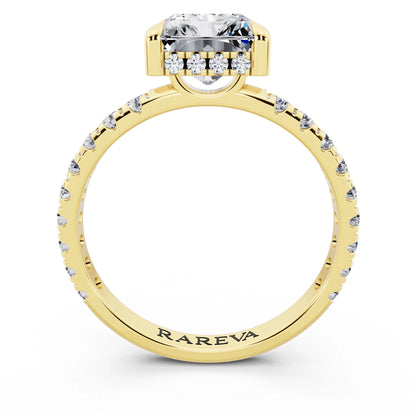 14 KT Yellow Gold Radiant Cut Diamond Solitaire Ring with Hidden Halo and French Pave Band - through finger