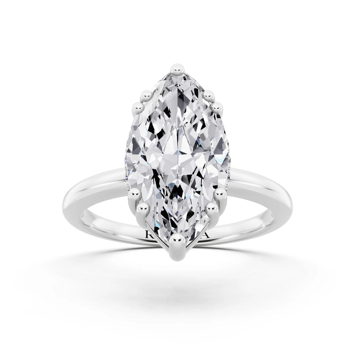 14 KT White Gold Marquise Cut Diamond Solitaire Ring with Hidden Accent Basket - front view