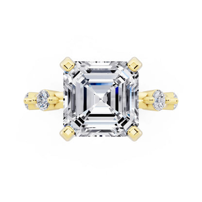 14 KT Yellow Gold Asscher Cut Diamond Solitaire Ring with Floating Diamond Accents - top angle