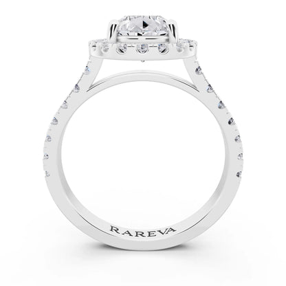 14 KT White Gold Pear Cut Diamond Halo Ring with Pave Band - Through