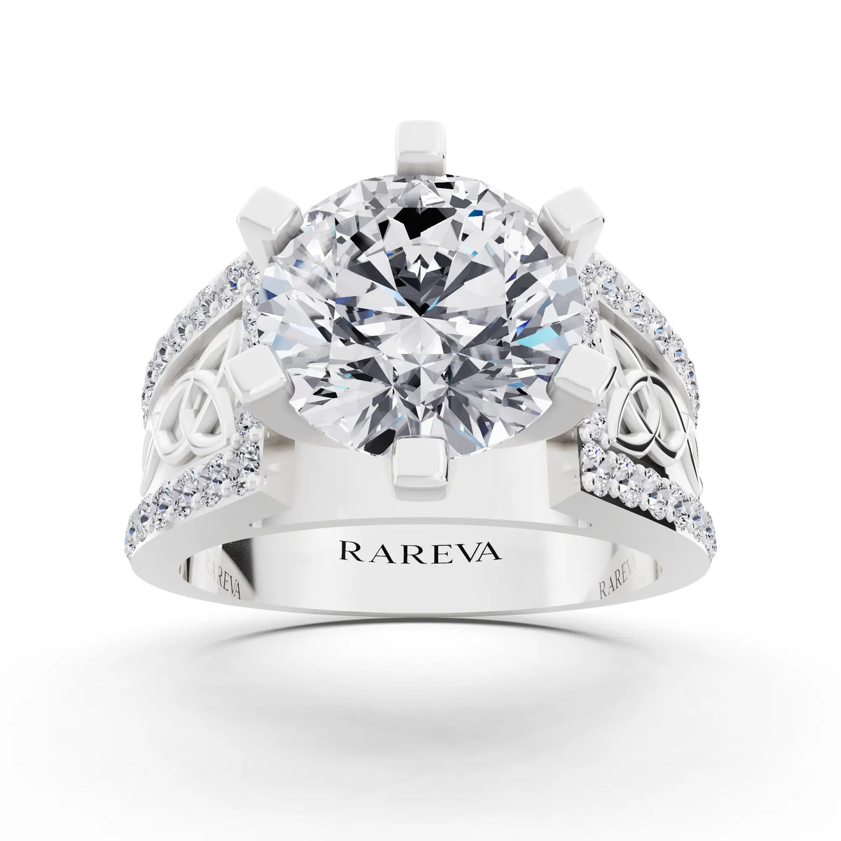 14 KT White Gold Round Cut Diamond Solitaire Ring with Celtic Knot Band - Front
