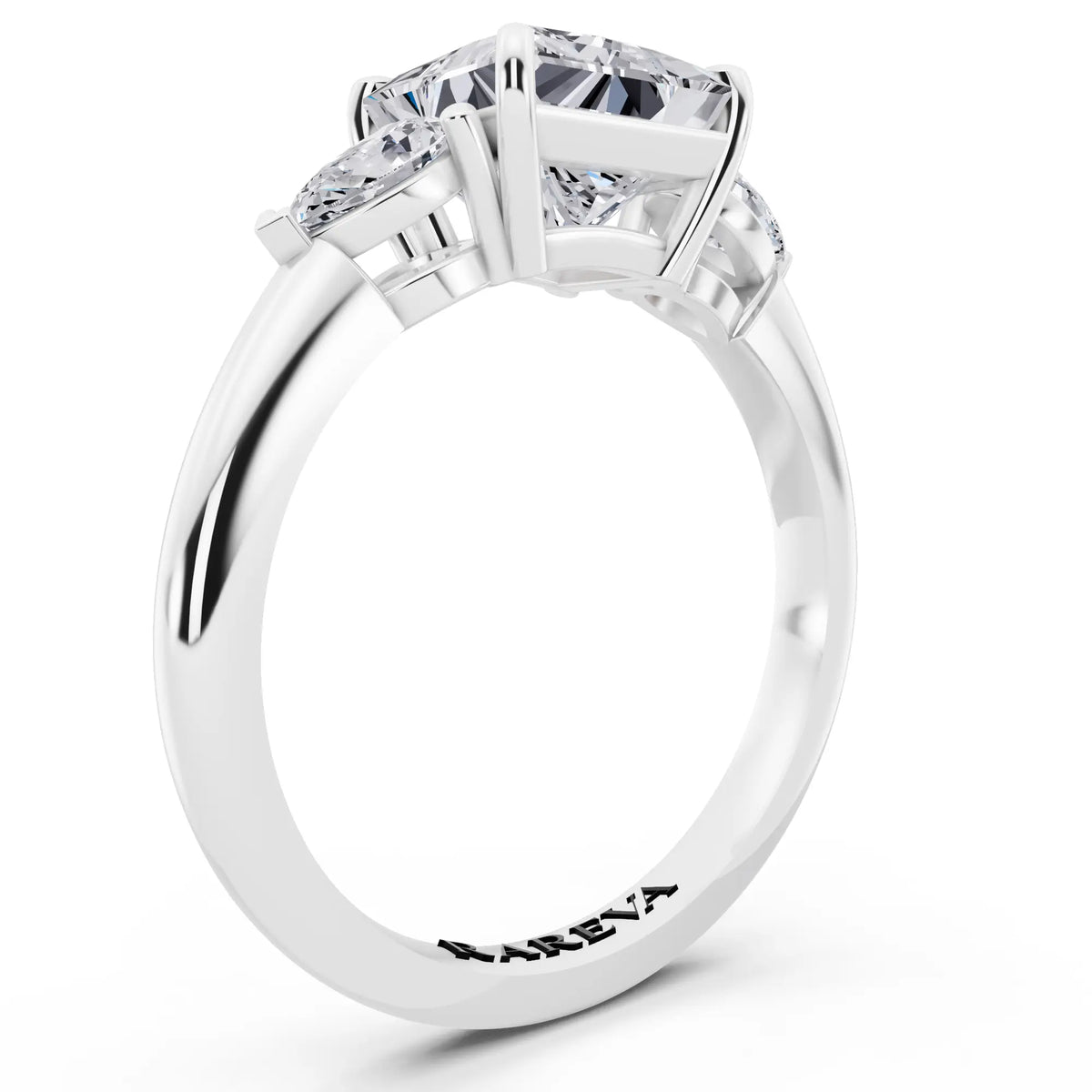 18 KT White Gold Princess Cut Diamond Three Stone Pear Accent Ring - top view
