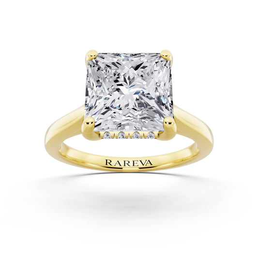 18 KT Yellow Gold Princess Cut Diamond Solitaire Ring with Cathedral Band - front view