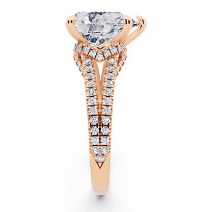 18 KT Rose Gold Pear Cut Diamond Ring with Pavé Split Shank - side view