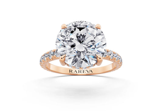 18 KT Rose Gold Round Cut Diamond Solitaire Ring with Hidden Halo and French Pave Band - front view