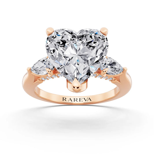 14 KT Rose Gold Heart Cut Diamond Cluster Engagement Ring with Pear Accents and Pavé Band - front view