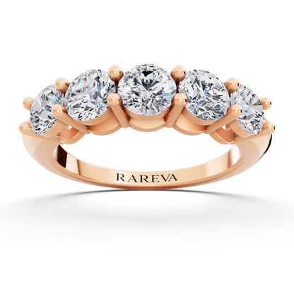 14K Rose Gold Five Stone Round Cut Diamond Half Eternity Wedding Band - 2.5mm - Front