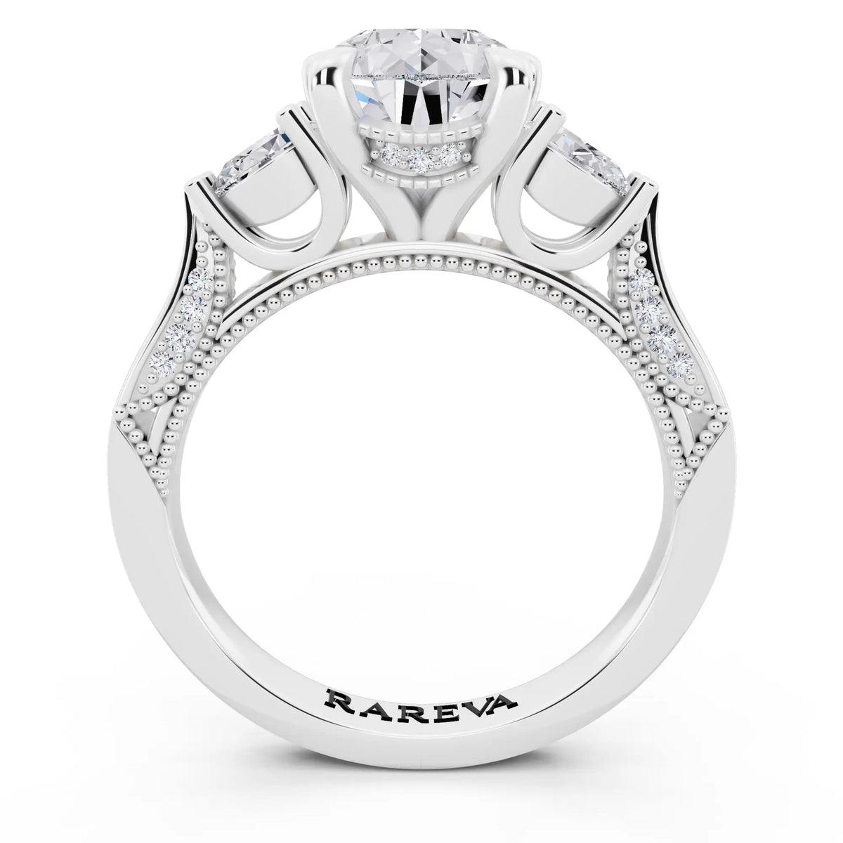 18 KT White Gold Pear Cut Diamond Three Stone Pear Accent Vintage Pave Ring - through finger