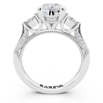 18 KT White Gold Pear Cut Diamond Three Stone Pear Accent Vintage Pave Ring - through finger