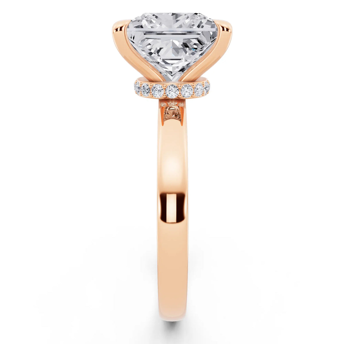 18 KT Rose Gold Princess Cut Diamond Solitaire Ring with Pave Collar - side view