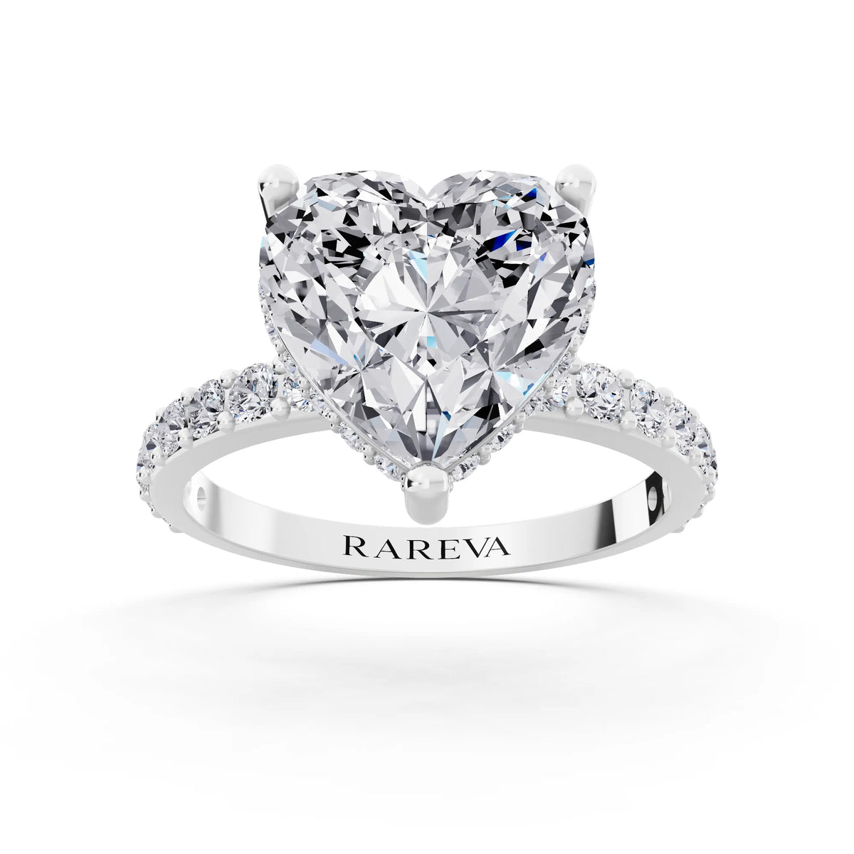 18 KT White Gold Heart Cut Diamond Solitaire Ring with Hidden Halo and Pave Band - front view