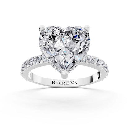 18 KT White Gold Heart Cut Diamond Solitaire Ring with Hidden Halo and Pave Band - front view