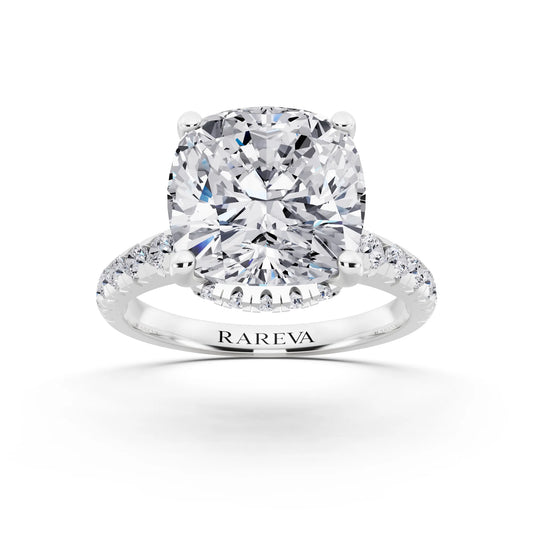 14 KT White Gold Cushion Cut Diamond Ring with Hidden Halo - front view