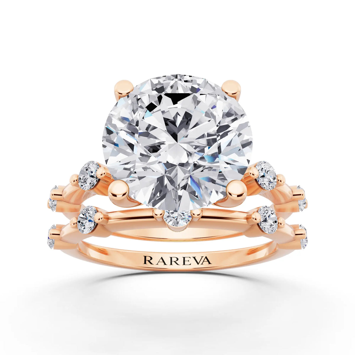 18 KT Rose Gold Round Cut Diamond Ring with Floating Accent Band - front view