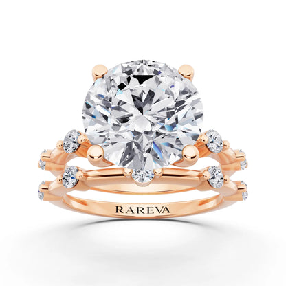 18 KT Rose Gold Round Cut Diamond Ring with Floating Accent Band - front view
