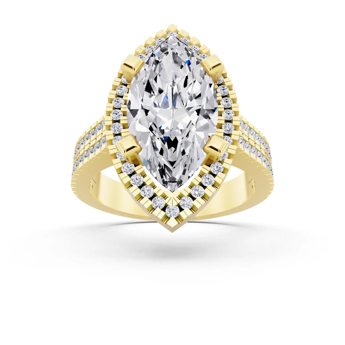 14 KT Yellow Gold Marquise Cut Diamond Halo Ring with Twin Pave Band - front view
