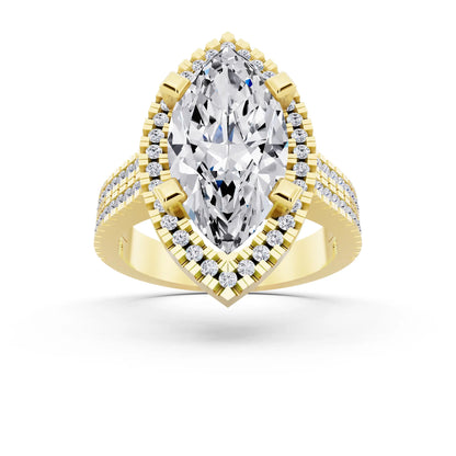 14 KT Yellow Gold Marquise Cut Diamond Halo Ring with Twin Pave Band - front view