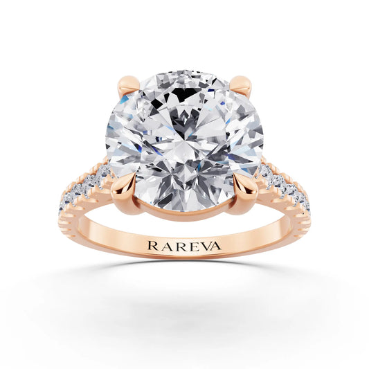 14 KT Rose Gold Round Cut Diamond Solitaire Ring with Pave Band - Front