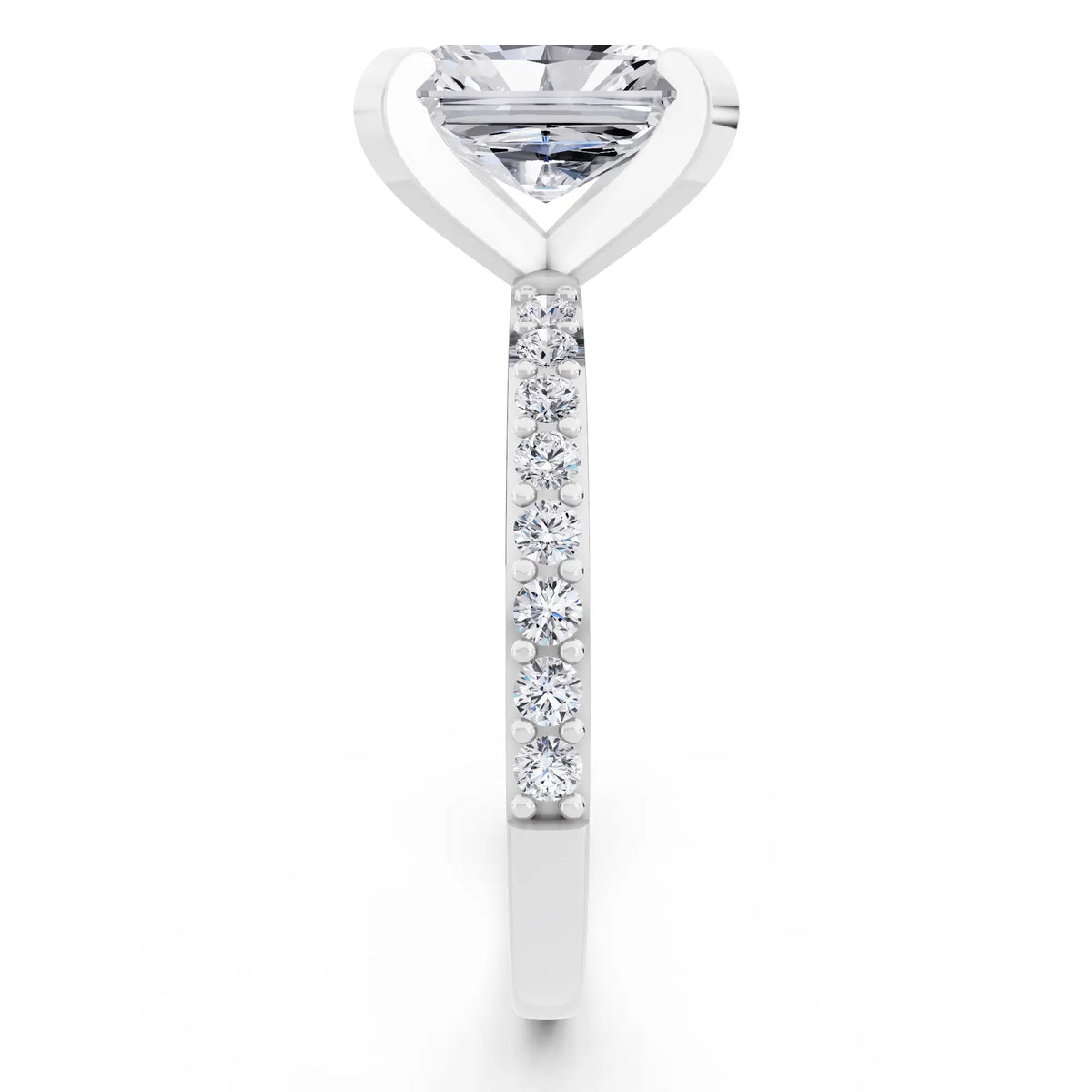 14 KT White Gold Radiant Cut Diamond Solitaire Ring with Pave Shank - side view