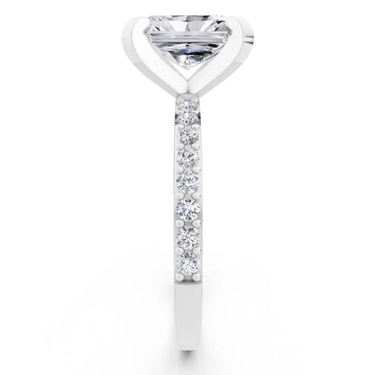 14 KT White Gold Radiant Cut Diamond Solitaire Ring with Pave Shank - side view