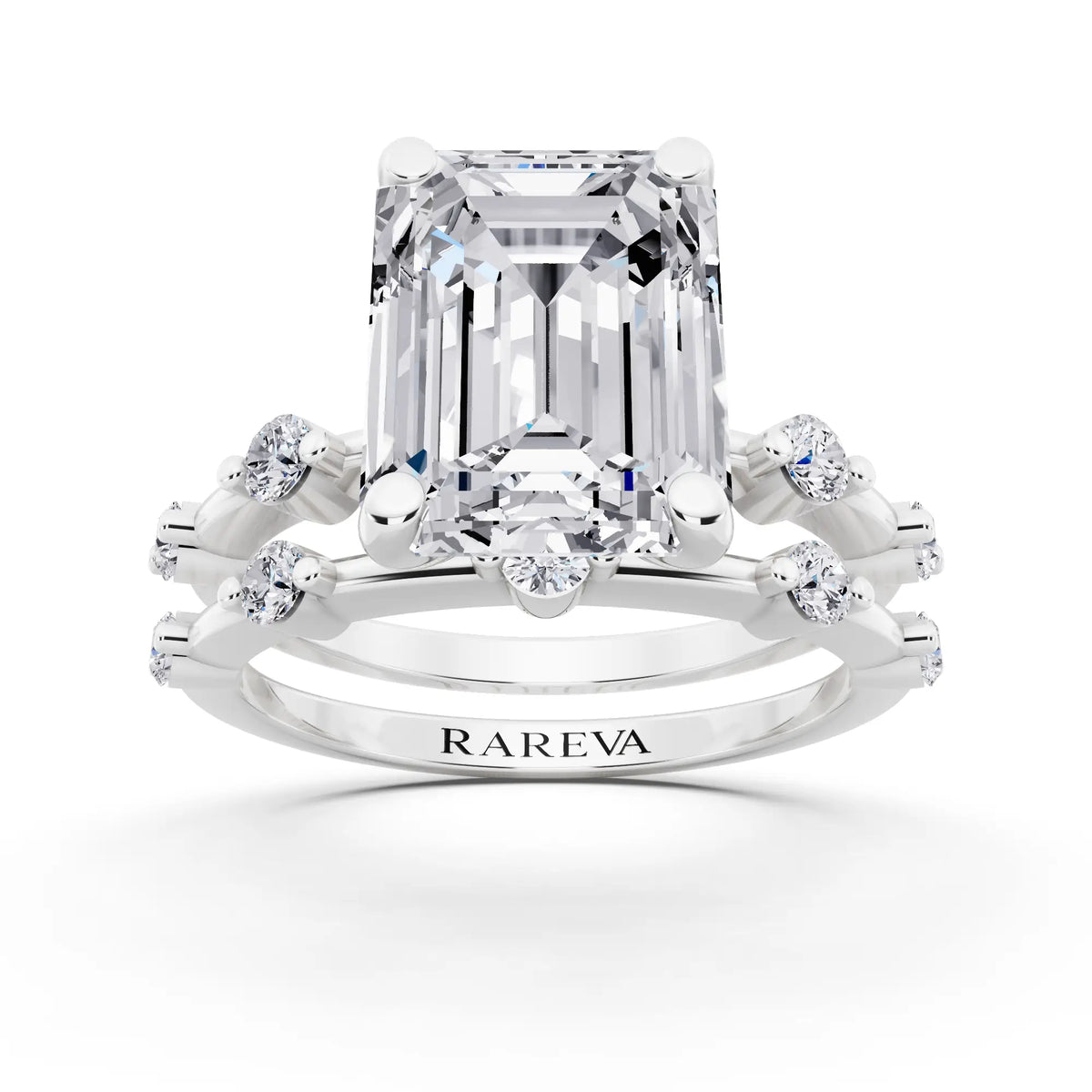 Platinum Emerald Cut Diamond Ring with Floating Accent Band - front view