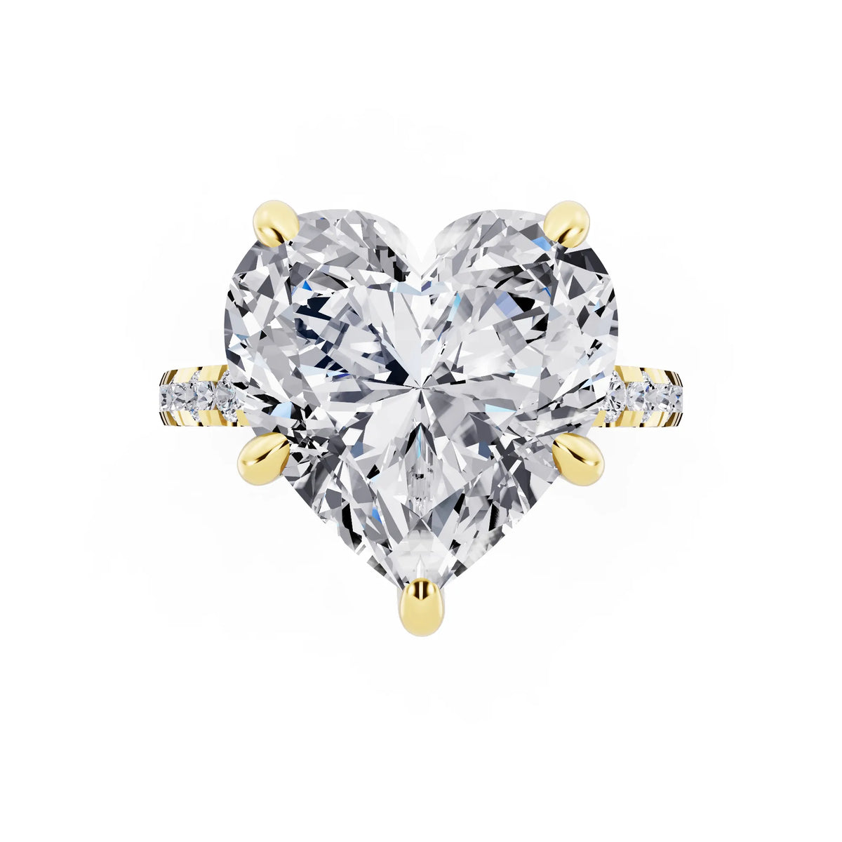 18 KT Yellow Gold Heart Cut Diamond Hidden Halo Tiger Prong Pave Band Ring - top angle